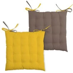 Lovely Casa Galette De Chaise Bicolore Coton Moutarde/taupe 40x40