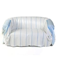 Fouta Futée Jeté De Canapé 100% Coton Blanc Rayures Bleu 200 X 300