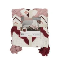 TOILINUX Jeté De Canapé Ethnique Avec Pompons Tufté Beige Et Rose -Maisons Du Monde Boutique jete de canape ethnique avec pompons tufte beige et rose 2