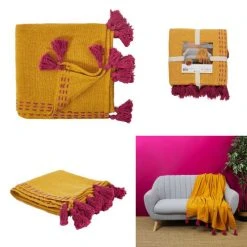 TOILINUX Jeté De Canapé Surpiqué Avec Pompons Jaune Et Rose -Maisons Du Monde Boutique jete de canape surpique avec pompons jaune et rose 3
