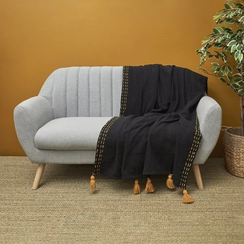 The Home Deco Factory Jeté De Canapé Surpiqué Pompons Noir 130x150cm 3 The Home Deco Factory Jeté De Canapé Surpiqué Pompons Noir 130x150cm