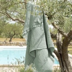 Magma Plaid En 100% Coton Lavé à Franges Nouées Vert Sauge 170x130