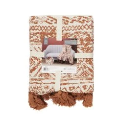 TOILINUX Plaid En Coton à Pompons 120 X 150 Cm Imprimés Ocre Et Beige -Maisons Du Monde Boutique plaid en coton a pompons 120 x 150 cm imprimes ocre et beige 2