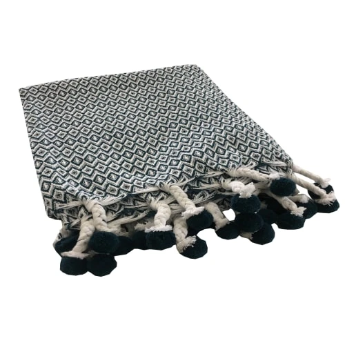 FUTURE HOME Plaid Polycoton Pétrole Et Blanc Avec Pompons 125x150cm 6 FUTURE HOME Plaid Polycoton Pétrole Et Blanc Avec Pompons 125x150cm – Image 4